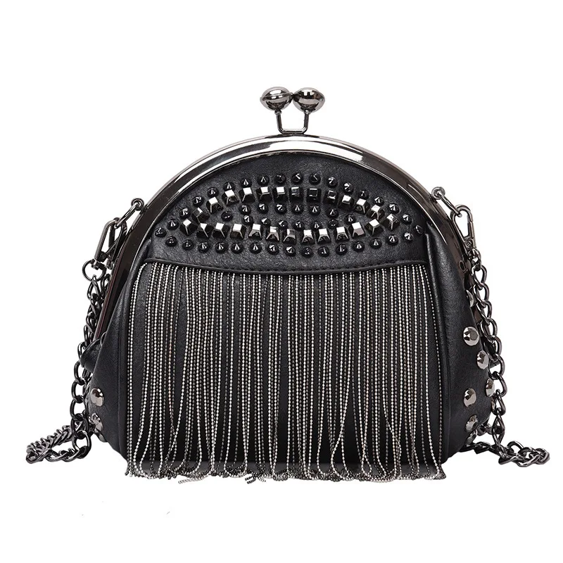 Upscale Bags for Women 2023 New Rivets Shell Bag Vintage Clip Chain Small Black Bag Texture Metal Tassel Women's Crossbody Bag