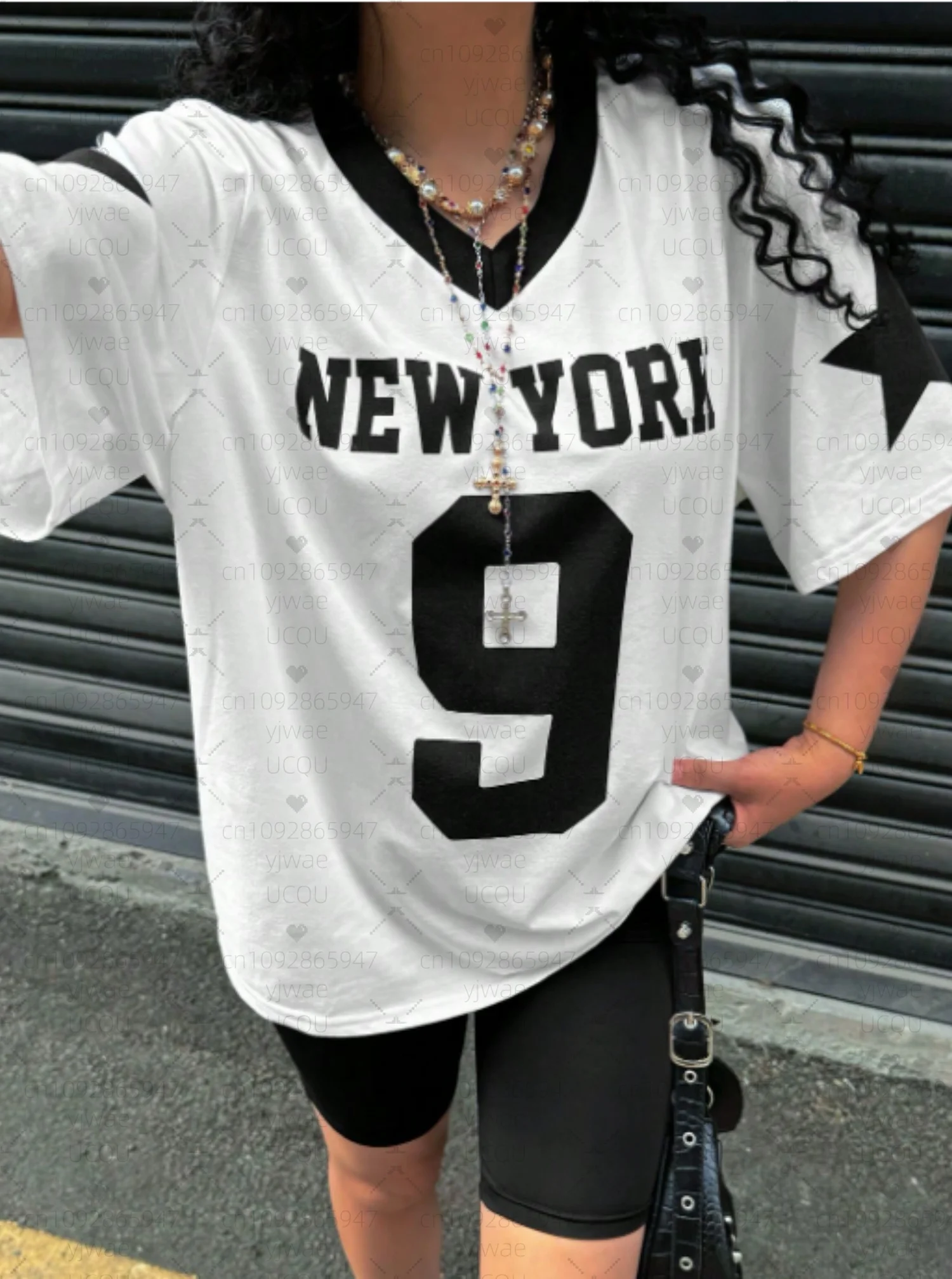 

2025 Women NEW YORK NO.9 Print V-Neck Short Sleeve T-Shirt Summer Tee Baseball Jerseys Stripe Oversized Sport T-Shirt