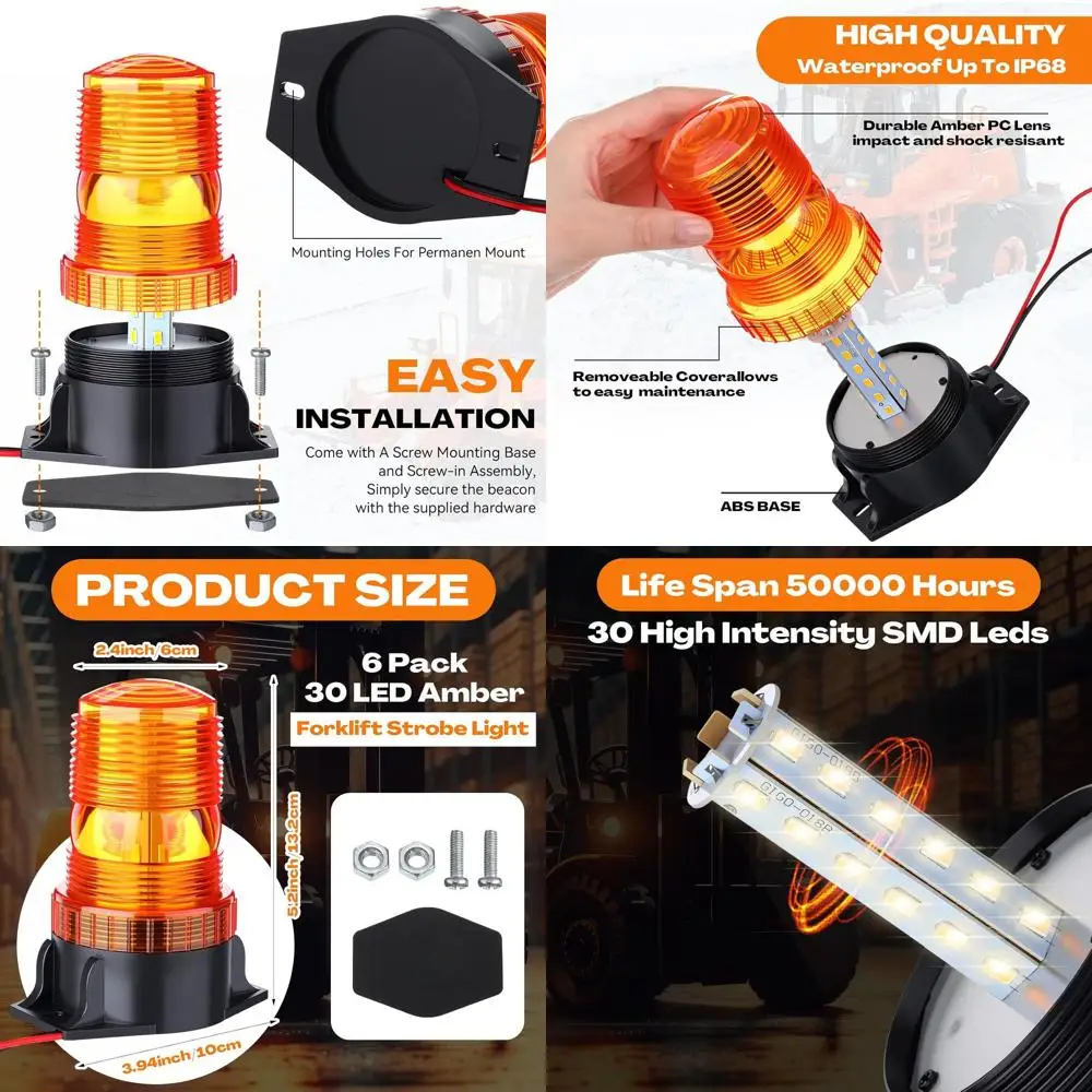

Amber LED Strobe Light for Forklifts, 6-Pack, 30 LEDs, Suitable for 10-110V Vehicles: Mowers, ATVs, Trucks, Tractors, Golf Carts