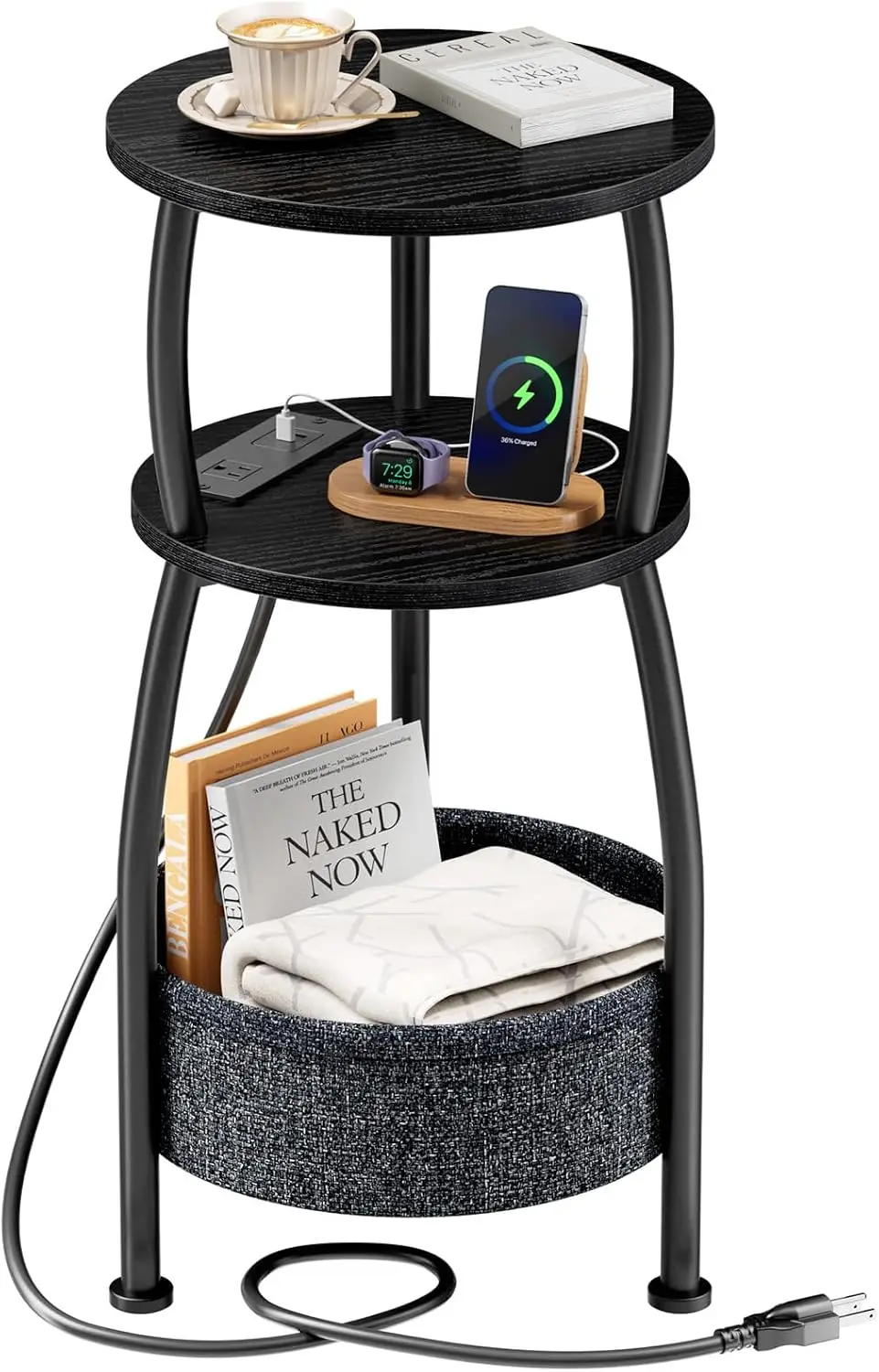 

Round Side Table with Power Outlets, Small Coffee Table with S Basket, Space Saving End Table 3-Tier Bedside Corner Table Sta