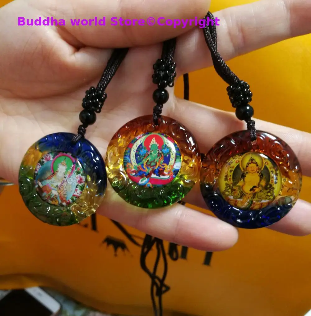 2025 -Buddhist pocket travel efficacious Amulet Green Tara Yellow Jambhala Guru Padmasambhava Buddha Crystal Pendant Amulet