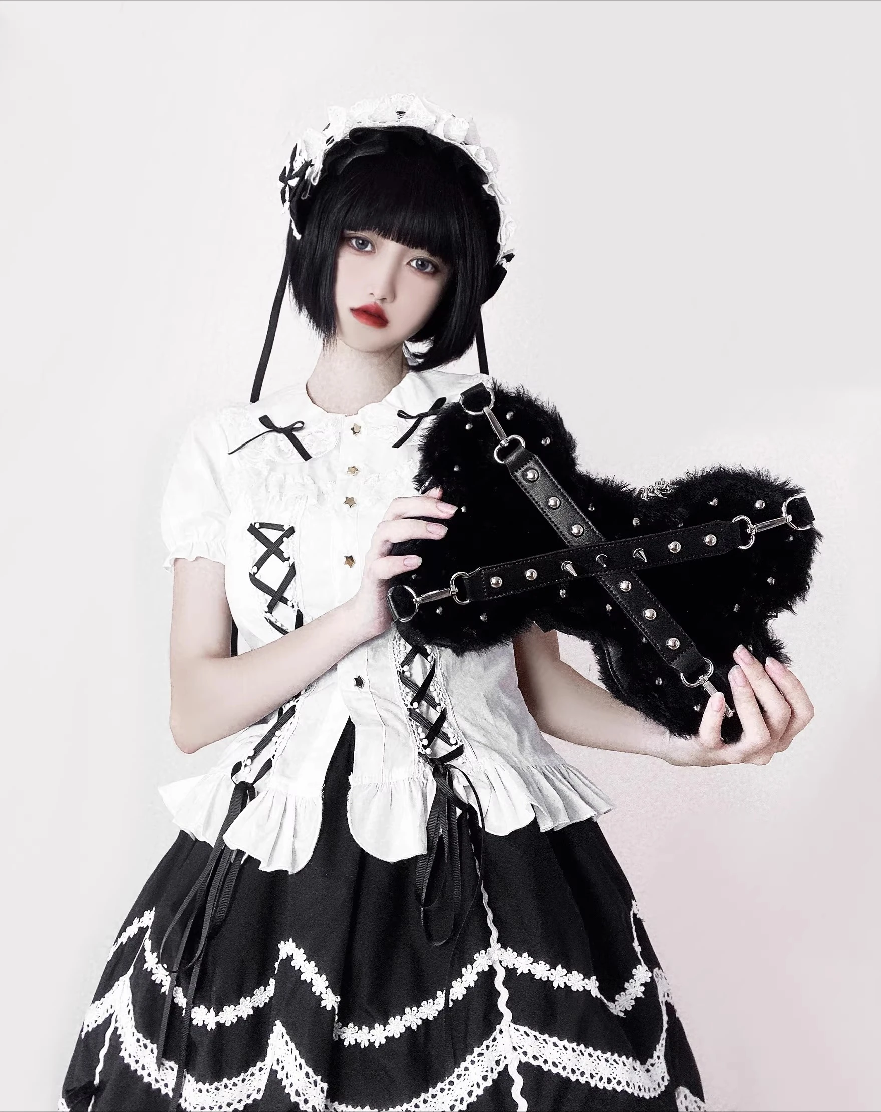 Original Plush Bone Subculture Rivet Three Way Women's Bag PU Material Lolita Accessory Single Shoulder Cross Bar Rivet Punk Bag