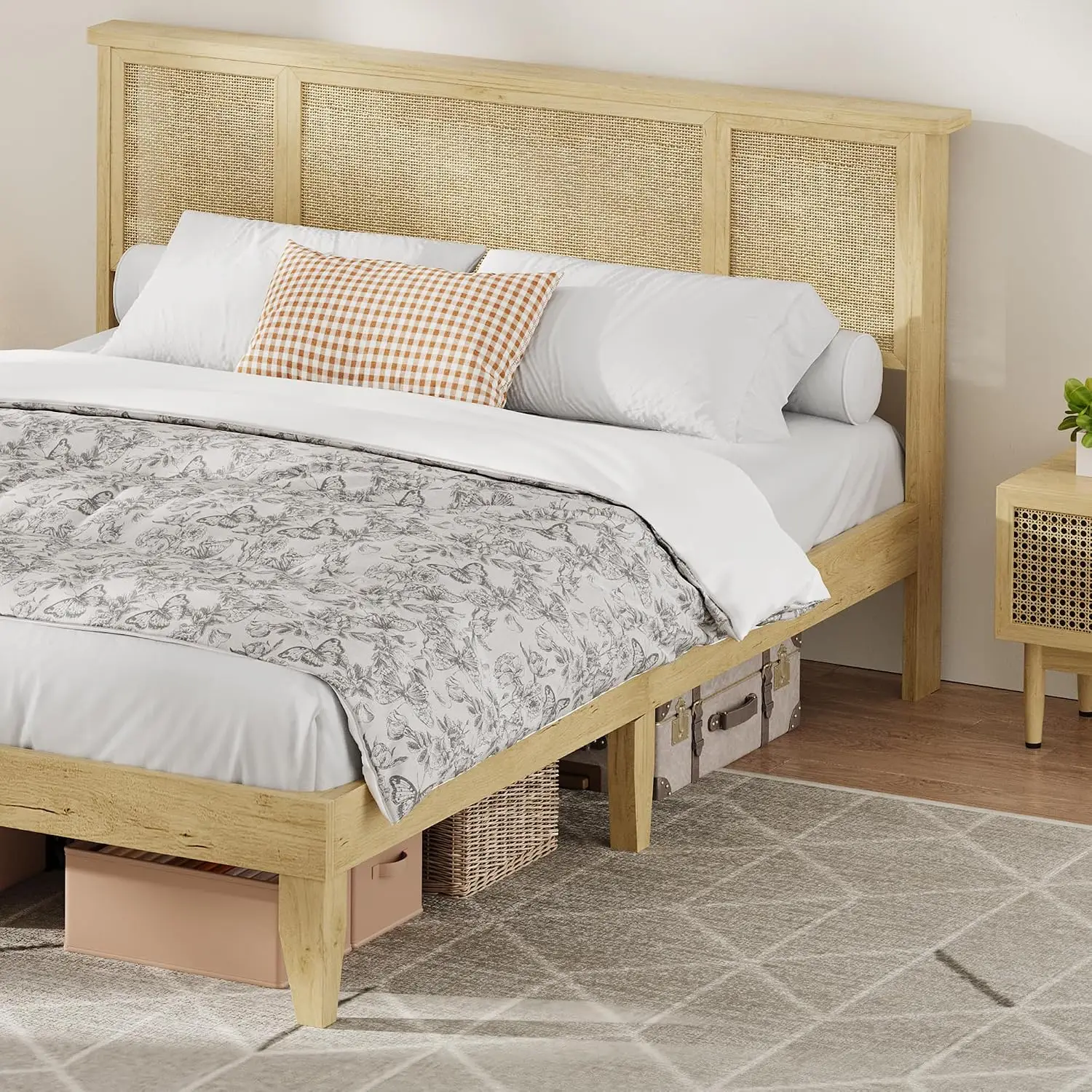 Boho Rattan Headboard Bed Frame, Metal Base & Wood Slats, Cane Weave No Box Spring, Modern Bedroom, Customized