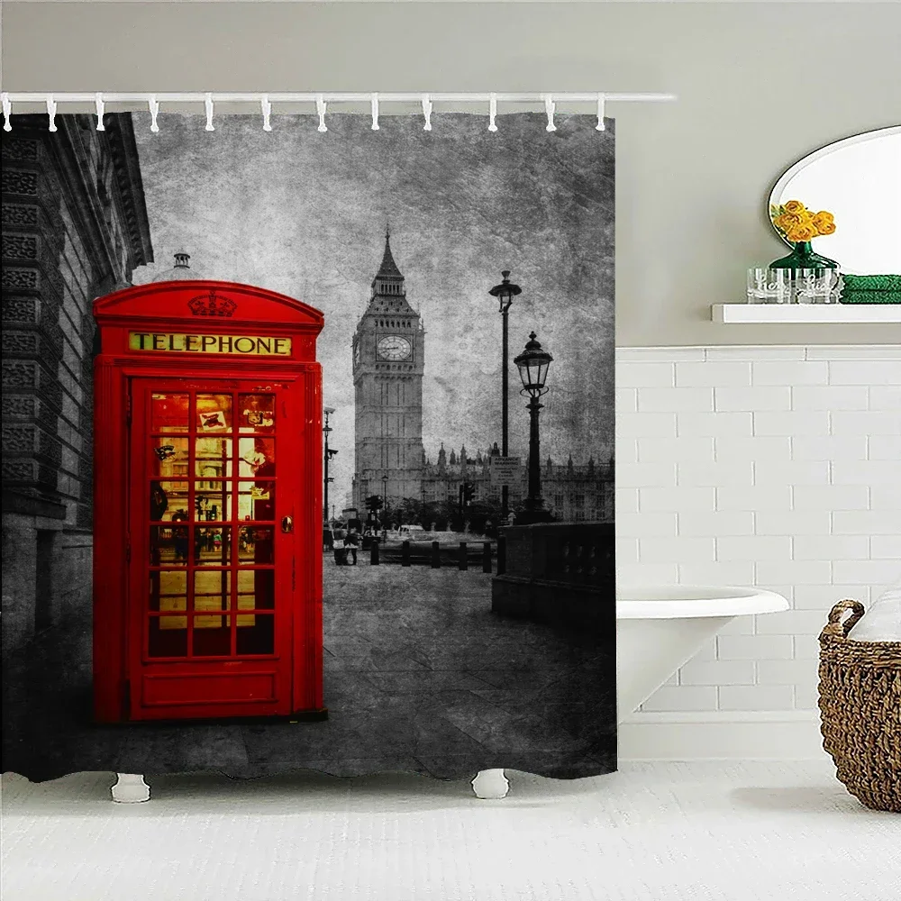 Vintage Old landscape Fabric Shower Curtain Bathroom Curtains Paris Tower Red Phone booth Tower Bridge Waterproof Bath Screen