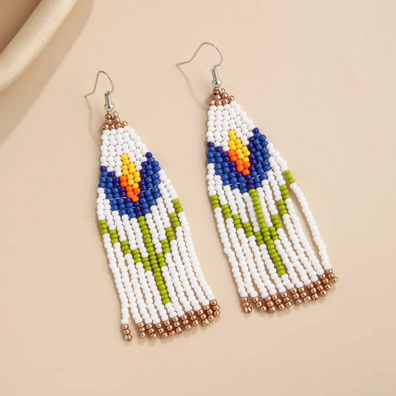 Rice bead earrings Tassel Flowers Design Originality Colour Geometry Hand knitting Bohemia Alloy Fashion Tulip Beaded earrings