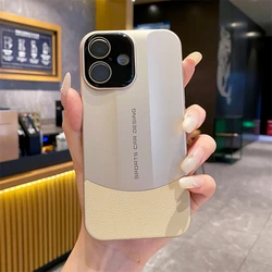 Ultra thin Hard PC Matte Splicing Leather Phone Case For iPhone 16 15 14 Plus 12 11 13 Pro Max Lens Protection Shockproof Cover