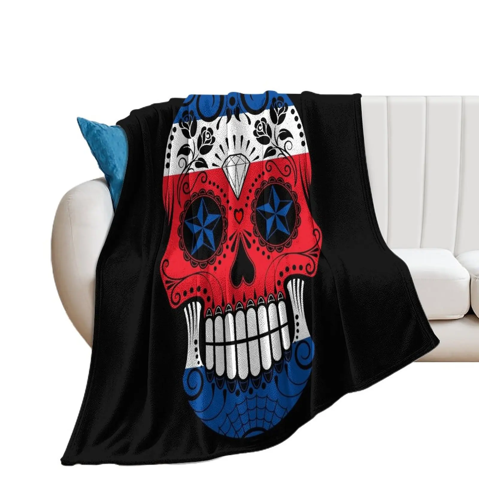 

Sugar Skull with Roses and Flag of Costa Rica Throw Blanket Plaid Blankets For Sofas Tourist Baby Blankets