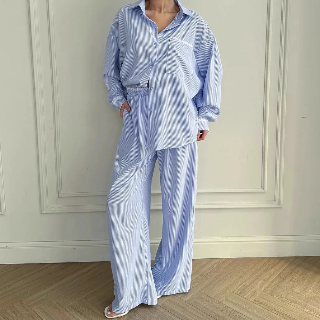 

Striped Ladies Sleepwear 2 Piece Suit Long Sleeve Nightgown Turn-Down Collar Pajama Pants Casual Female Nightwear Set