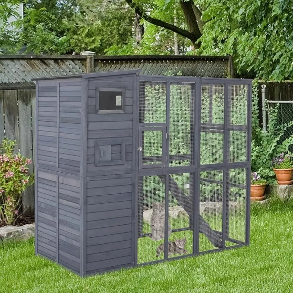 Casa para gatos al aire libre, refugio para gatos Feral de madera, jaula para gatos con plataformas, techo de asfalto impermeable, rampas, 77" de largo, gris