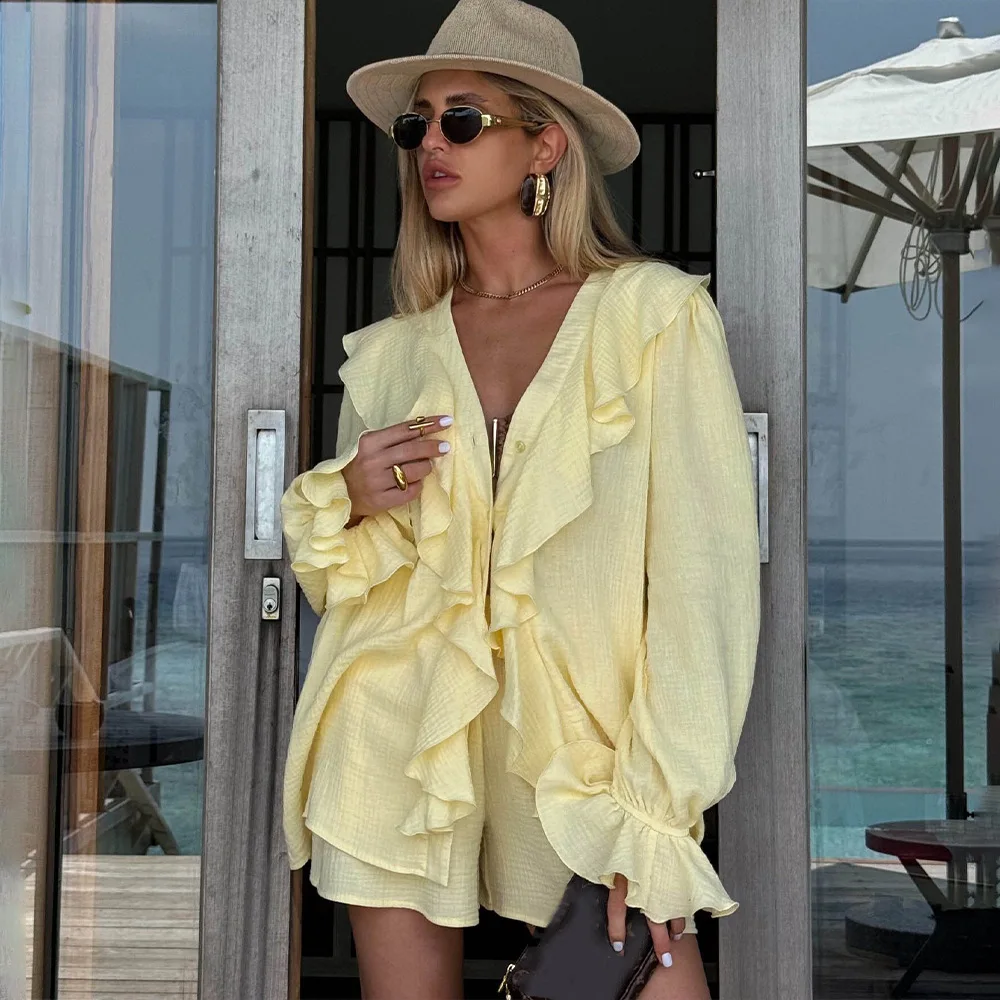 

Absobe Women's Ruffles Loose Cardigan Top V-Neck Single Breasted Long Sleeve Fashion Sexy Solid Color Shirt Casual Streetwear