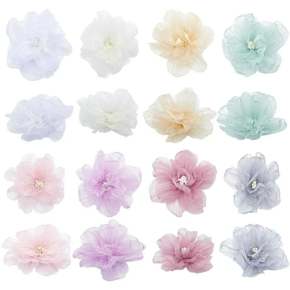 

16 шт. аппликаций из органзы с 3D-цветами, бисером и стразами, 8 цветов, шифоновые цветы для шитья, тканевые аппликации, украшения с жемчугом