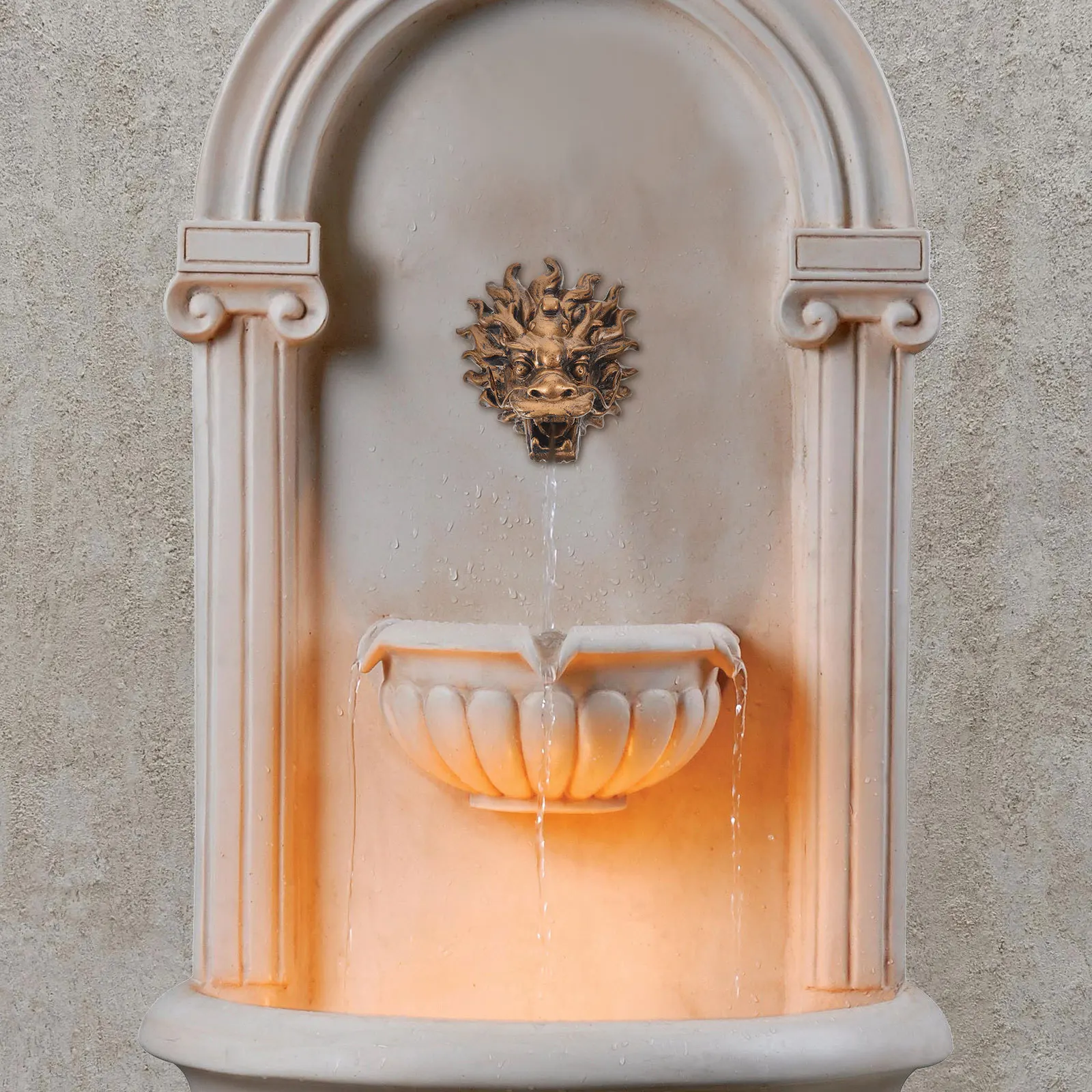 

Outdoor Garden Wall Fountain with Golden Dragon Head Spout Water Feature for Villa Backyard Resin Fountain Decor