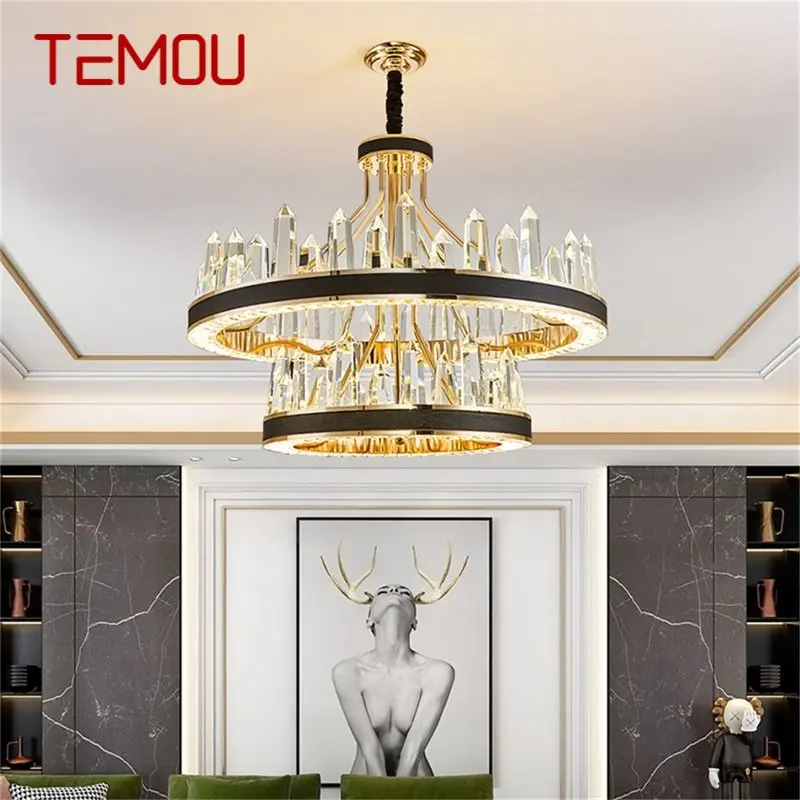 

TEMOU Chandelier Crystal Pendant Lamp Postmodern Home LED Leather Light Fixture for Living Dining Room