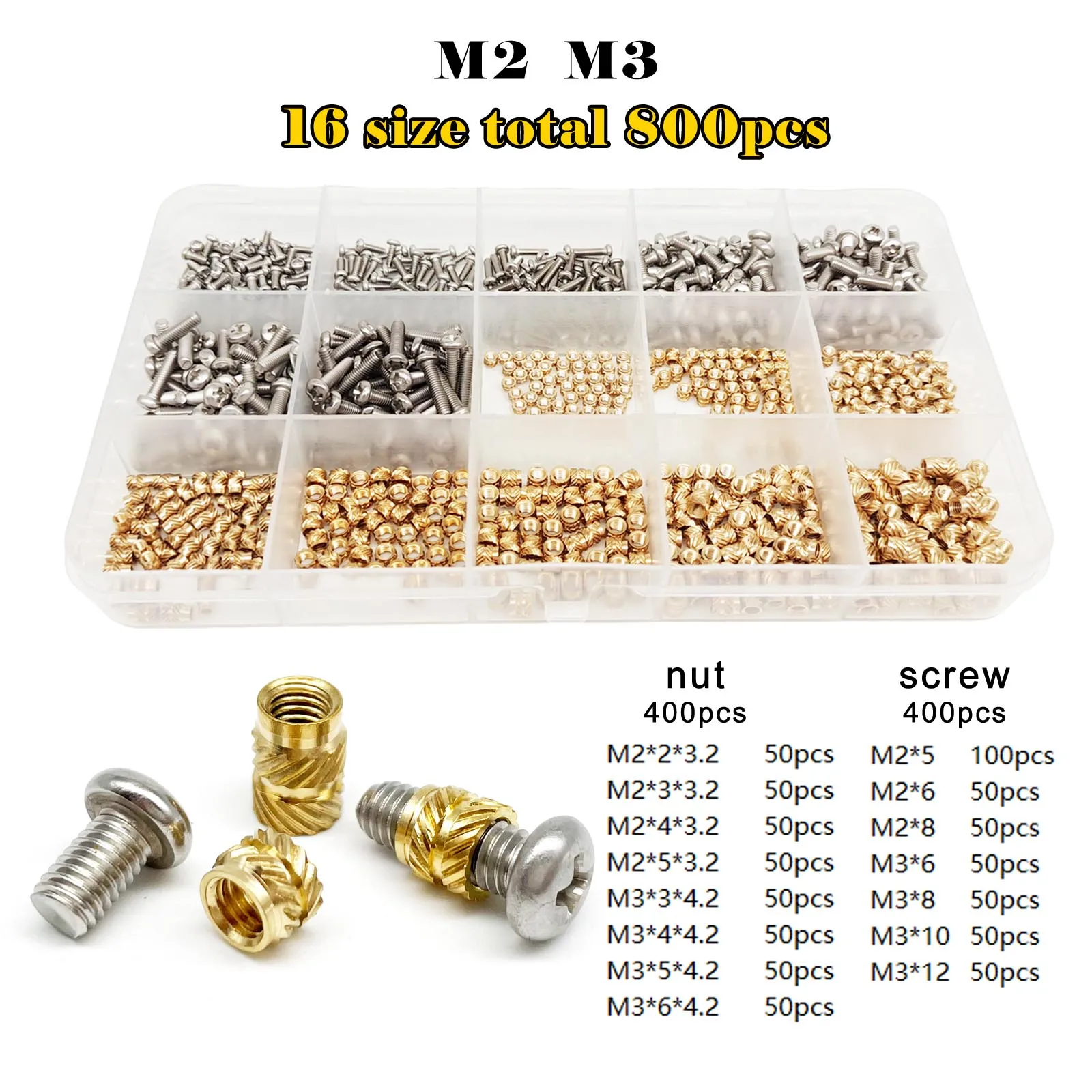 Messing Kupfer eingebettete Einsatzmutter Schraubensatz Set M1.4M1.6 M2 M2.5 M3 M4 M5 M6 für Wärmeleit-Injektion 3D-Druck-Twill-Rändelgewinde – Detail 5