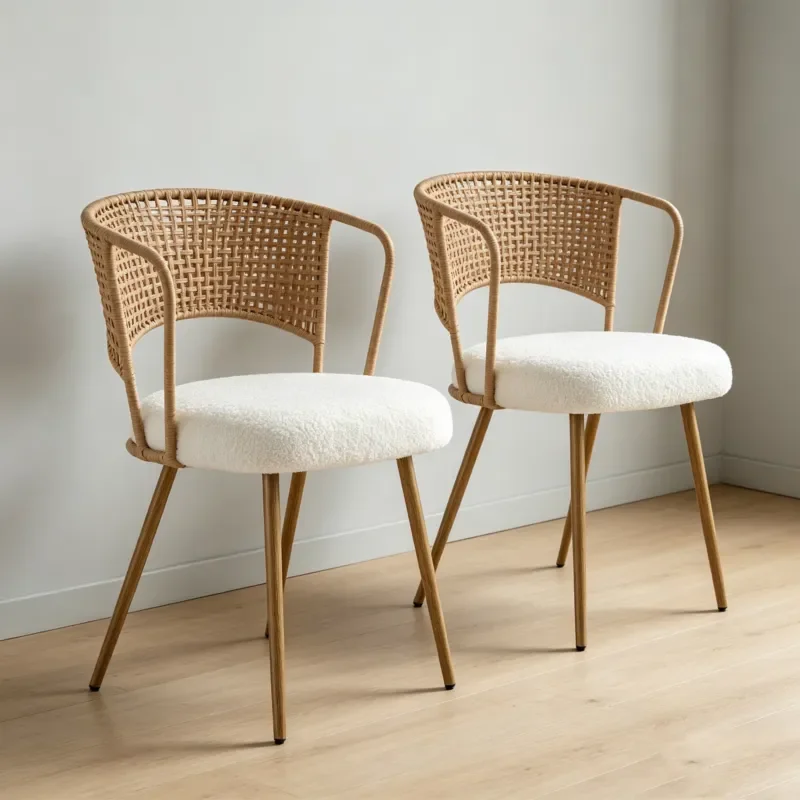 2 Piece Wicker Dining Chair Set Farmhouse Style Upholstered Rattan Back Kitchen Chairs with Sponge Seat Wingback Design