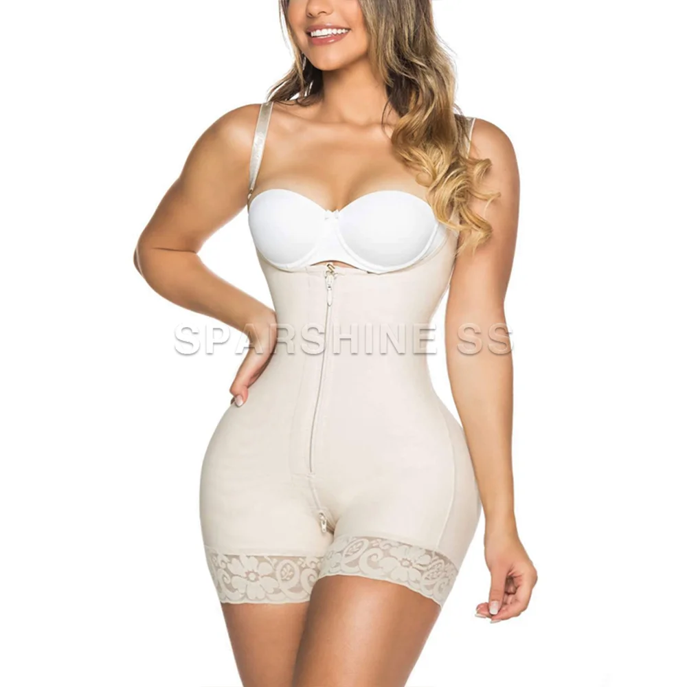 

Women Colombian Girdles Shapers with Zipper Tummy Control Butt Lifter Adjustable Shoulder Strap Open Bust Sexy Lace Bodysuit