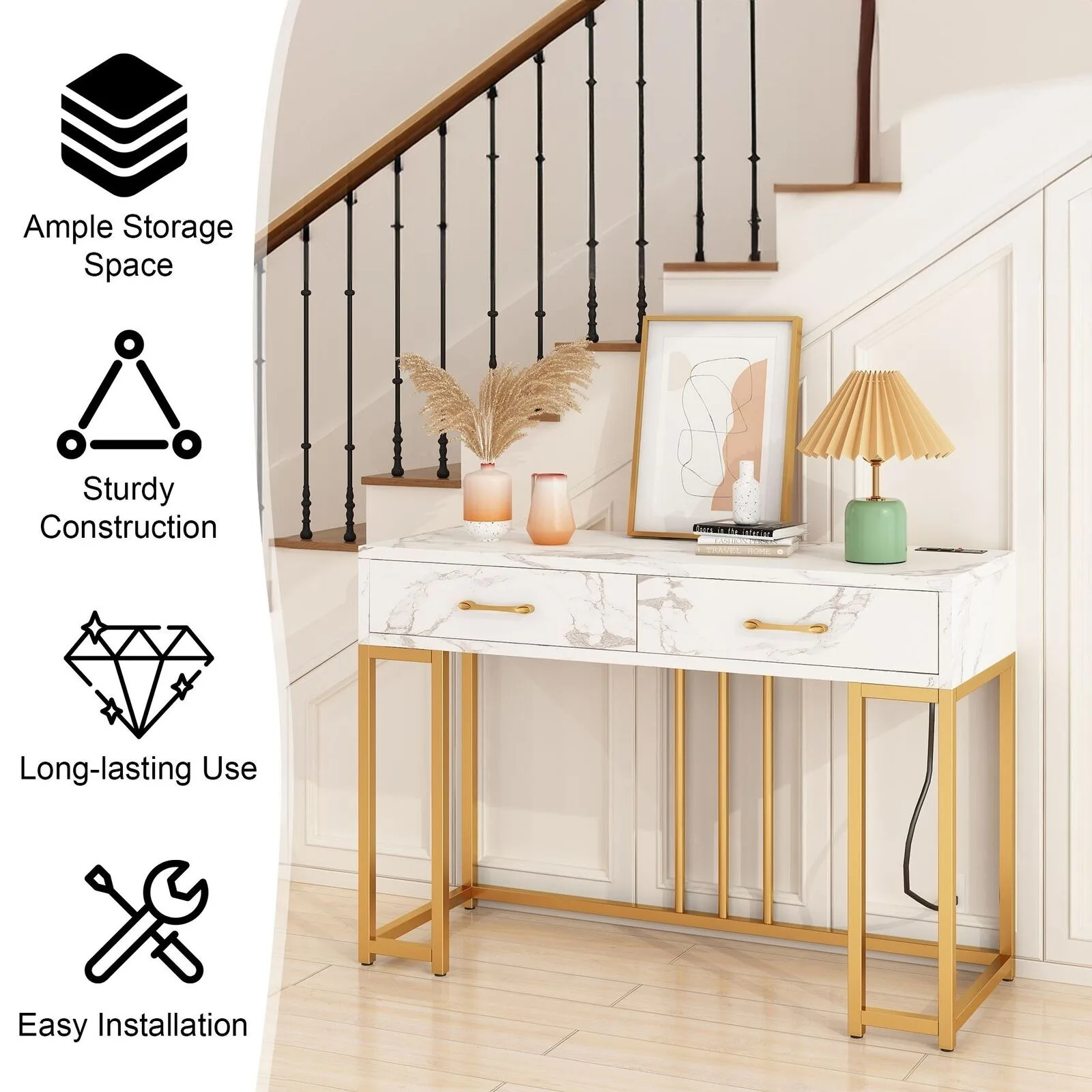 US 2-layer console table suitable for entrance, artificial marble, medium density fiberboard sofa table with gold frame