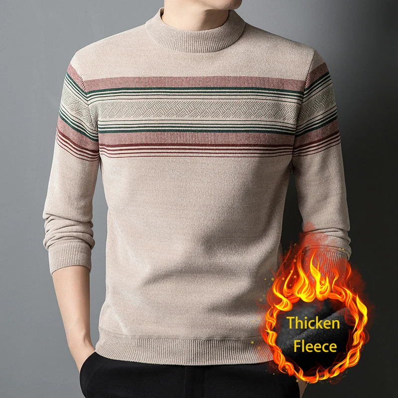 

Мужской свитер BROWON 2026: зимний флисовый с воротником-стойкой, с контрастными полосами, длинными рукавами, утепленный, вязаный, теплый, пуловер