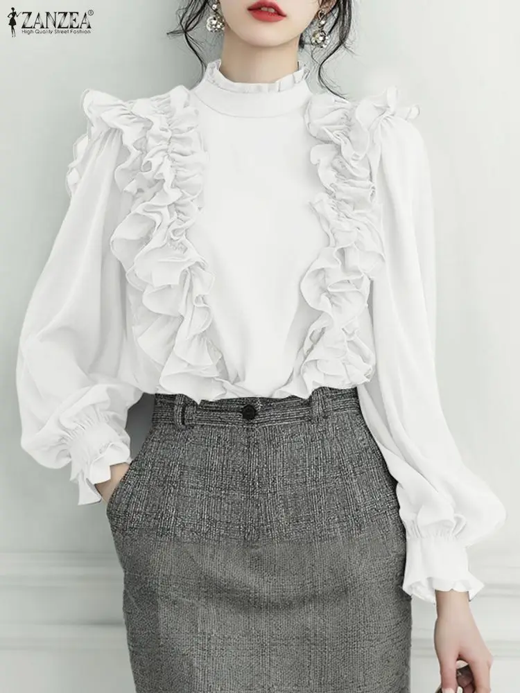 Zanzea elegante blusa com babados feminina manga longa elegante ol camisas de escritório 2025 moda gola casual sólido streetwear topos