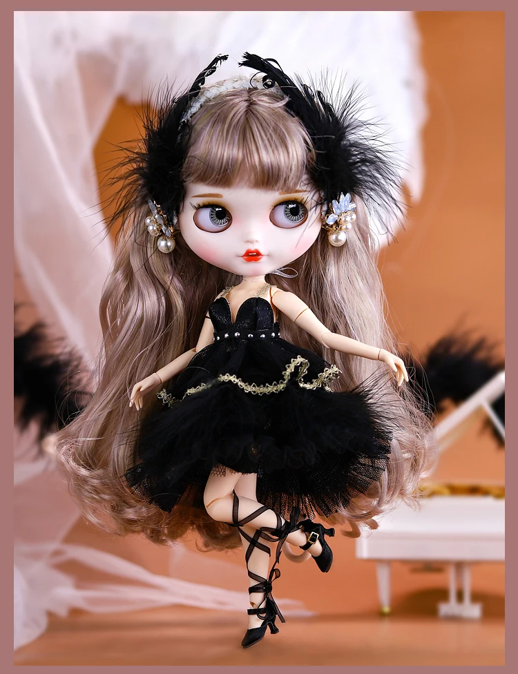 

Blythes Doll dress size 1/6 OB24 New Halloween dress Black lace fluffy swan headdress + top + skirt + leg embellishments 30CM