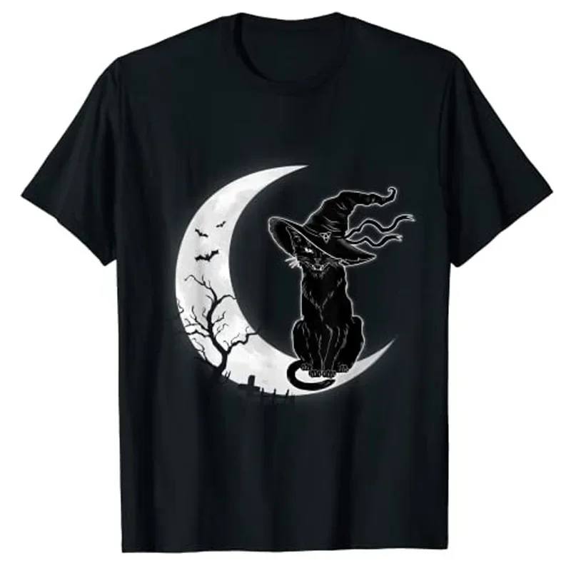 Aesthetic Clothes Graphic Tee Tops Gifts Cotton Outfit Moon Halloween Scary Black Costume Cat Witch Hat Womens T-Shirt Cat-Lover