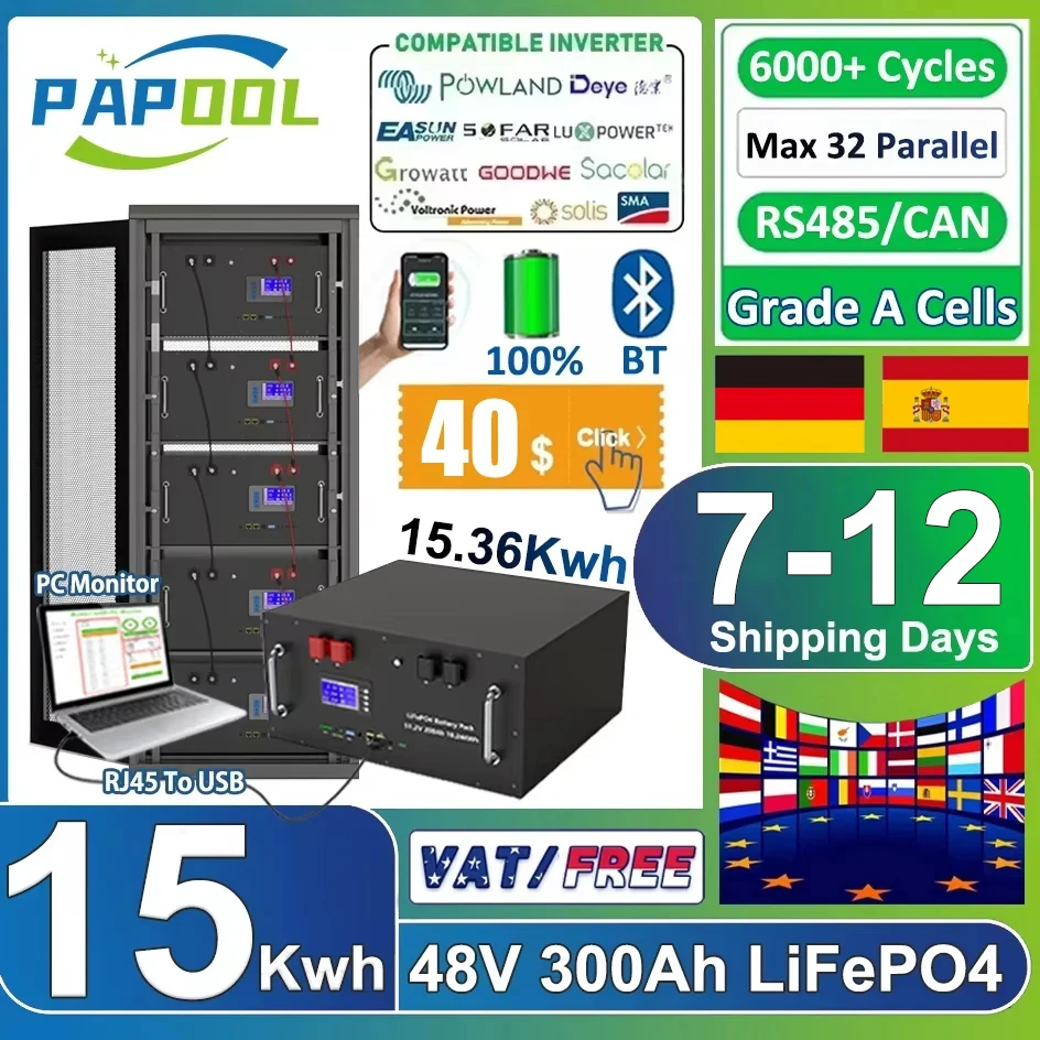 LiFePO4 48V 300Ah Batterie 15Kwh Akku 51,2V 100Ah 200Ah 120Ah 150Ah Lithiumbatterie 16S 200A BMS