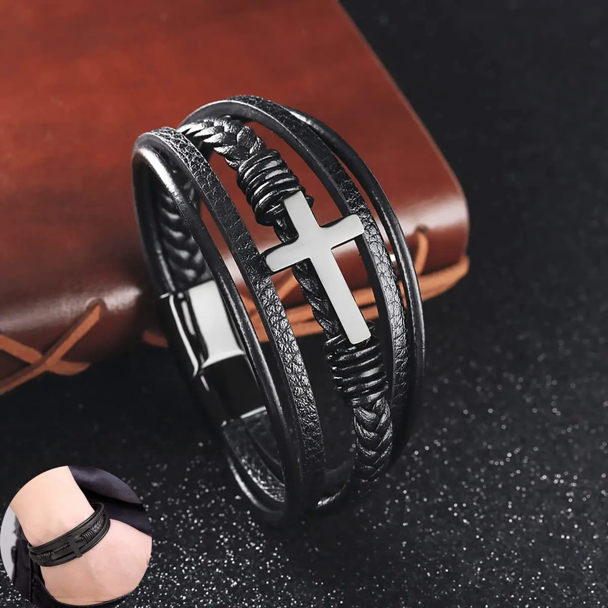 Multicolor Cross Design Classic Metal Clasp Men's Leather Bracelet Adjustable Handsome Christmas Memorial Gifts Jewelry