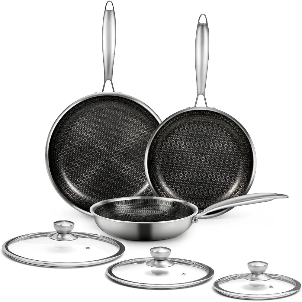 

6 Pieces Stainless Steel Frying Pan Set with Lids, Honeycomb Nonstick Frying Pan Set 3 Pcs,Induction Skillet Set Egg