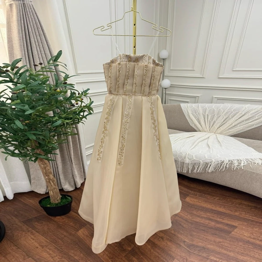 

Elegant champagne Evening Dresses Strapless Neck Sleeveless Prom Gowns Pleat Ankle Length A-Line Party Dress Tulle فساتين السهرة