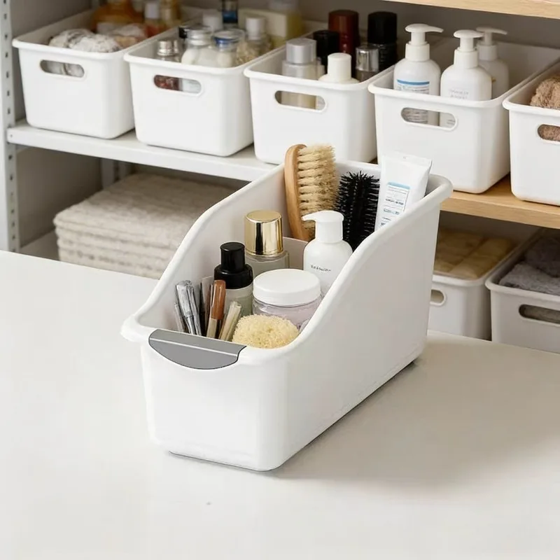 2Pcs White Narrow Storage Bin, Under Sink Organizer for Cleaning Supplies, Curved Pantry Caddy for Snacks, No Assembly Required