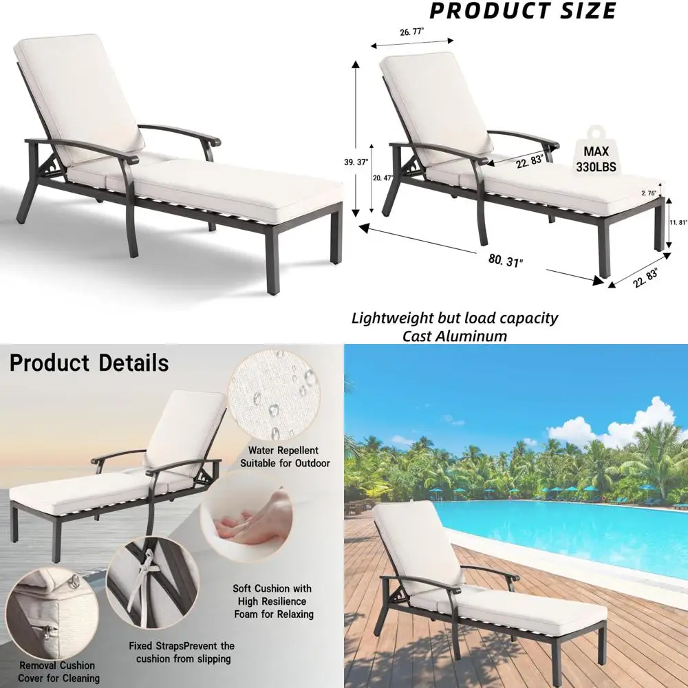 adjustable 5-position outdoor chaise lounge chair: durable aluminum with waterproof cushion and wheels for patio garden use