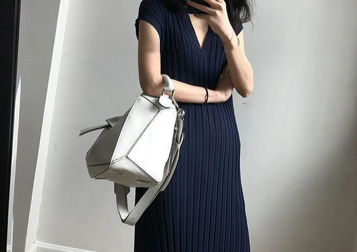 Spring and Summer Qipao Style Versatile Loose Slimming Slim Fit V-neck Striped Thread Slit Knitted Dress for Women