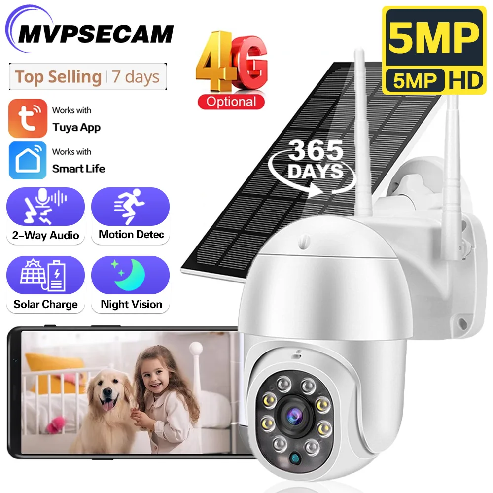 4G Sim-kaart PTZ-camera Buiten Draadloze Solar IP-camera 5MP HD Zonnepanelen Videobewakingscamera Lange tijd stand-by Tuya APP