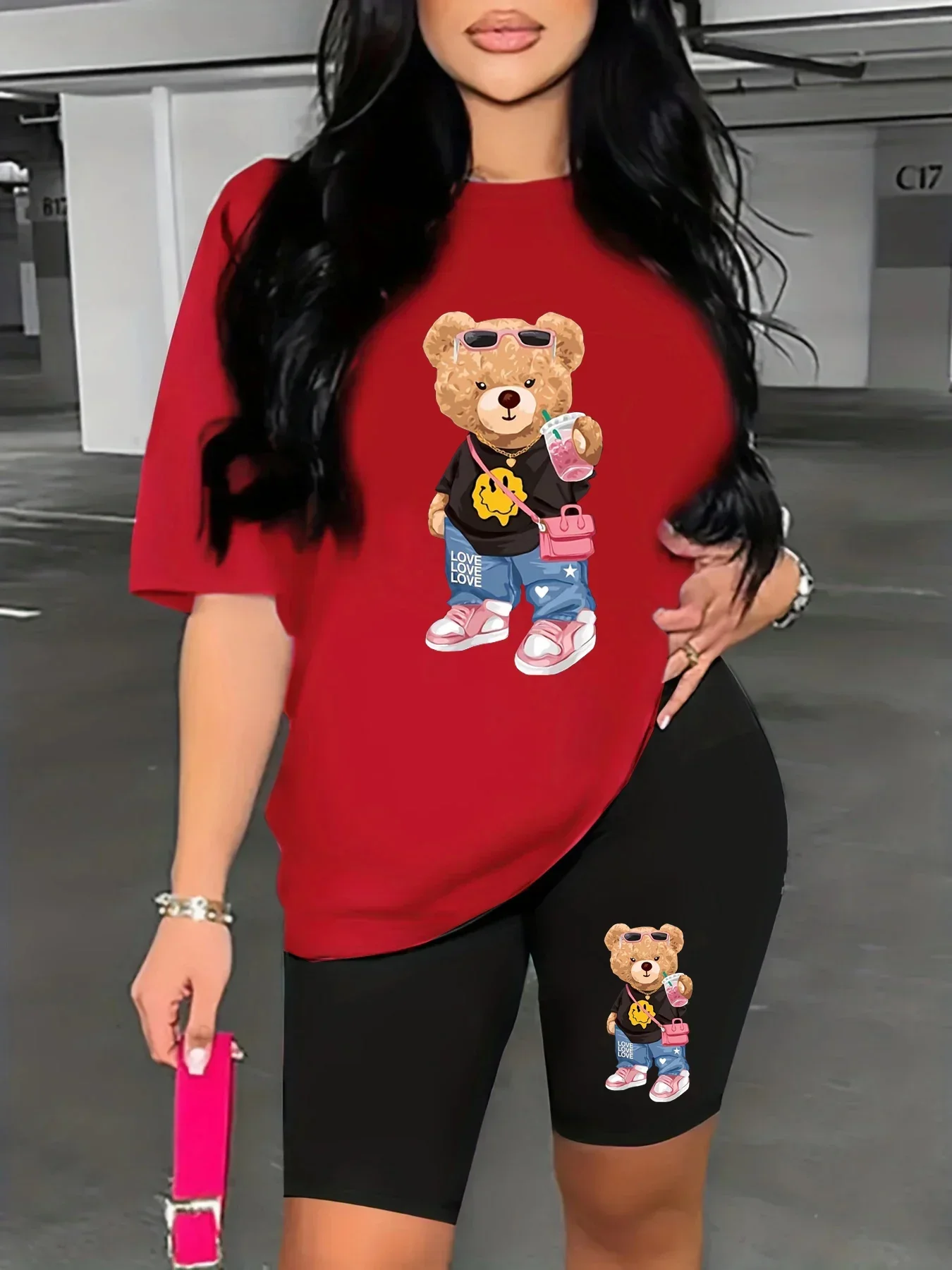 Summer Women's Bear Cartoon Print Casual Loose Round Neck Short Sleeved T-shirt Shorts Two-piece Set image 5