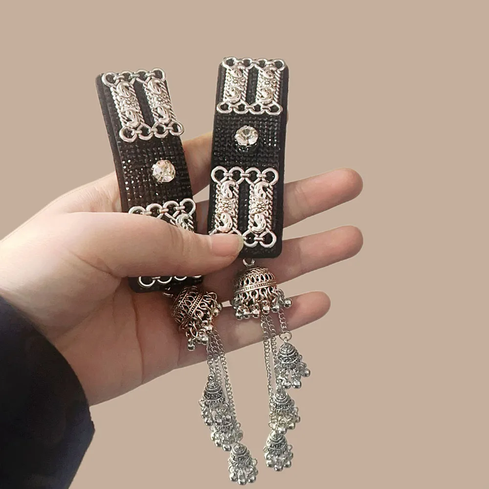 Ethnic  Hair Clip Geometric Pattern Bell Fringe Hairpin Hair Clips Silver Clolr Long Fringe Hair Clip For Photo Props