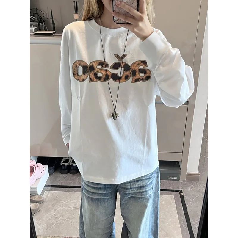 

New Leopard Print Letter 3D Printed Long Sleeved T-shirt Autumn Versatile Breathable Quick Drying Top Trendy Unisex