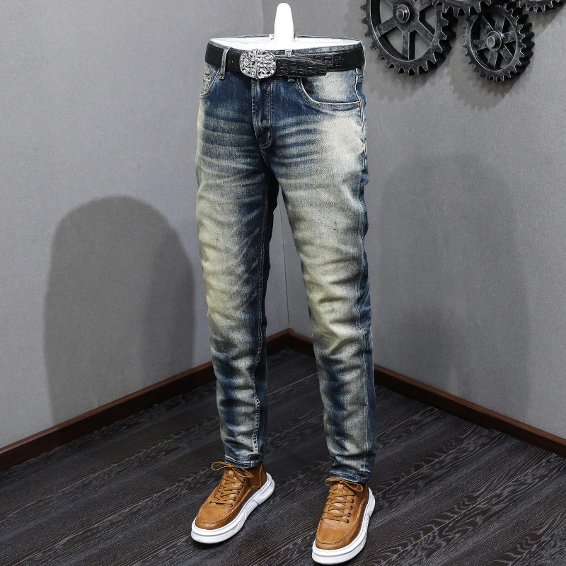 

Red-Ear Denim Jeans for Men2024New Retro Nostalgic Classic Washed Wear-White Fashion High-End Slim Fit Ankle Tight Trousers