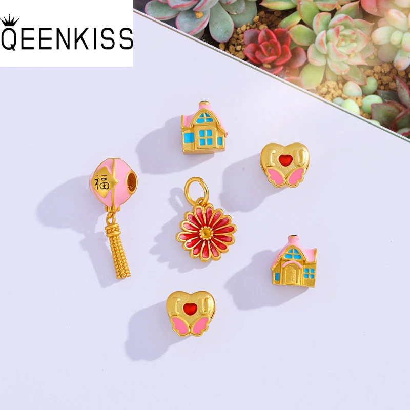 QEENKISS Gold Lantern Daisy Beads Charm For DIY Bracelet Making Accessories For Girl Children Birthday Christmas Gifts AC527