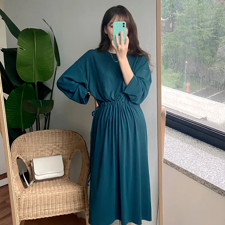 Korean Style Solid Color Maternity Chiffon Dress Long Sleeve Drawstring Waist Pregnant Woman Chiffon Dress Pregnancy Clothes