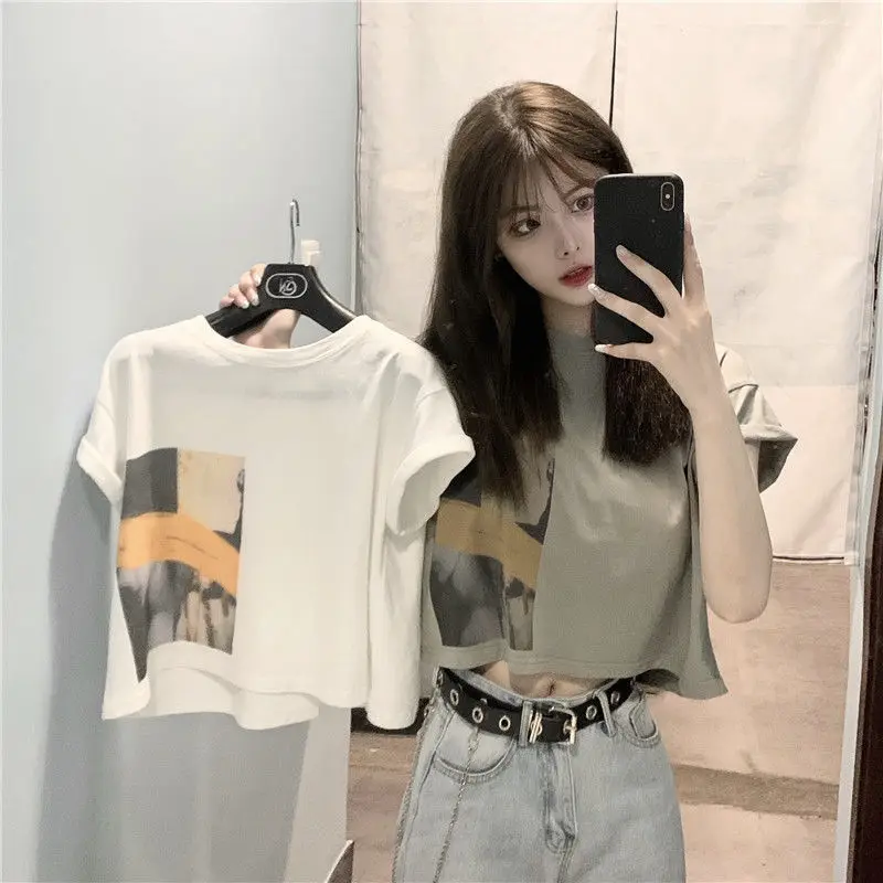 

New summer new pure cotton discreet navel baring short sleeved t shirt top short student Korean version loose ins trend t shirt