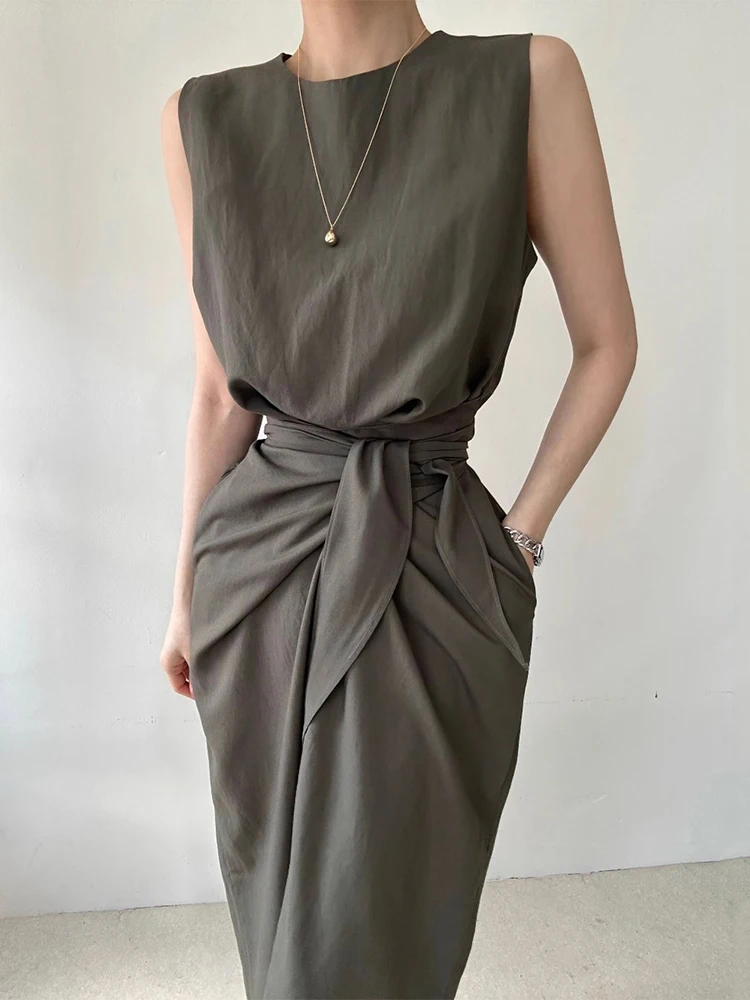 فستان صيفي أنيق بخصر مرتفع وياقة مستديرة مع تصميم حزام معقود، فستان نحيف على الطراز الكوري للنساء، تنورة طويلة