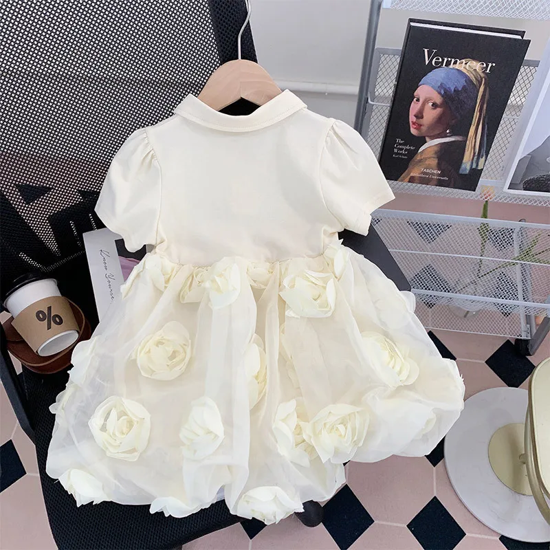 Girl's Three-dimensional Rose Flower Dress Summer Street Kids Outfit Children's Fluffy Skirt Baby's Polo Collar Princess Dress