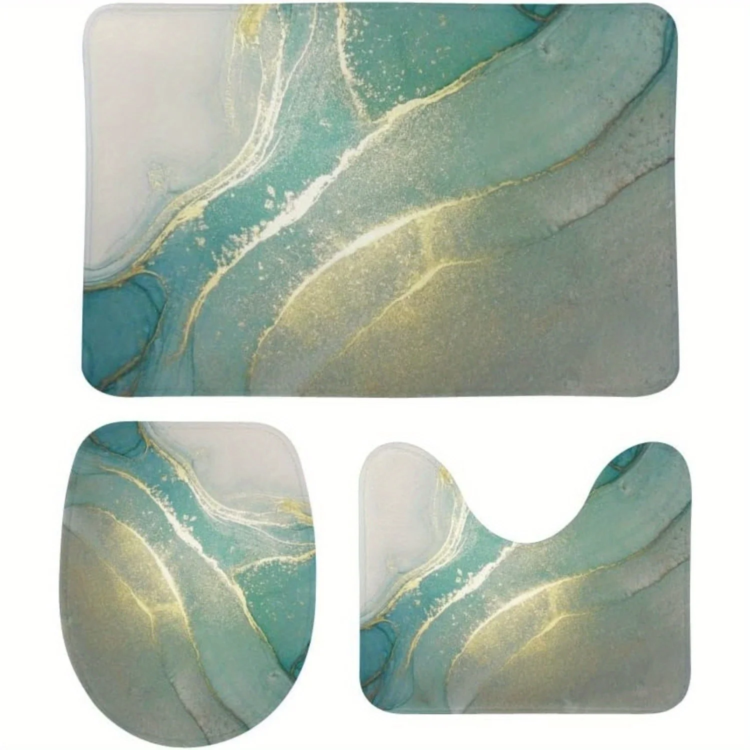 

RV 3pcs Bathroom Floor Mat Set, Turquoise Marble Abstract Art Modern U-Shaped Contour Mat, Toilet Lid Anti Slip Bath Mat Set