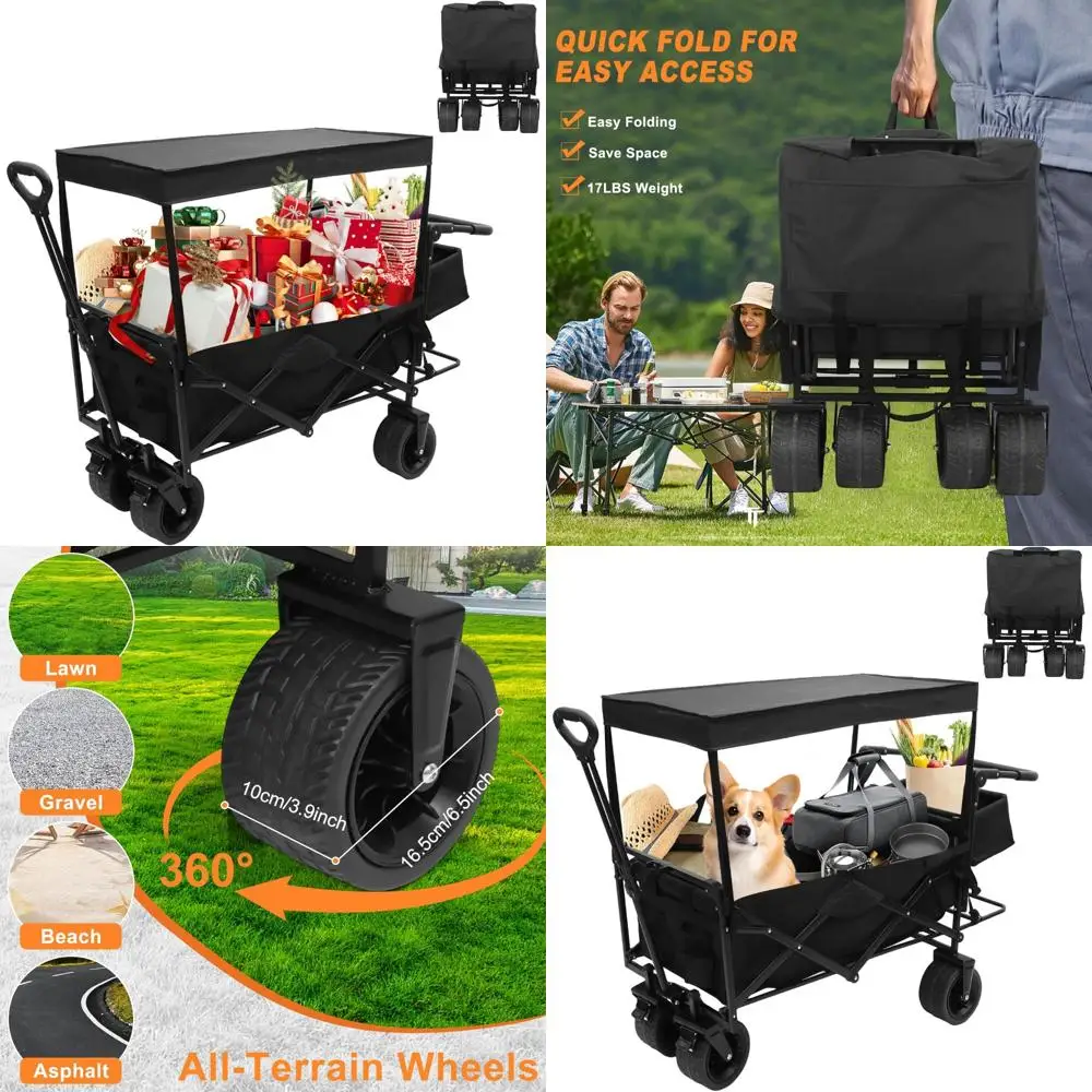 

Collapsible Wagon Carts for Kids, Foldable Push Stroller, Outdoor Utility Wagon with Canopy, Large Grocery Cart on Wheels, Suita