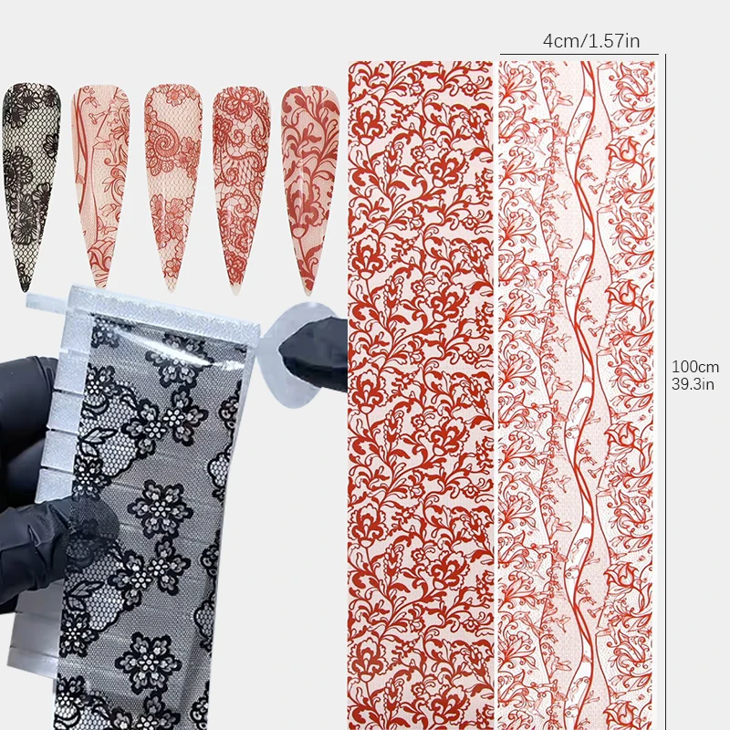 Elegant Black White Red Lace Flower Nail Transfer Foils Fantasy Floral Starry Sky Sticker DIY Manicure Tools