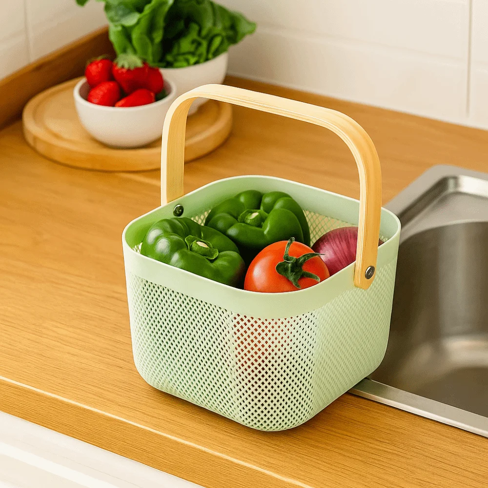Пластиковая домашняя корзина для хранения с ручкой, большая вместительная дренажная корзина для фруктов и овощей, портативная сетчатая корзина для хранения полотенец