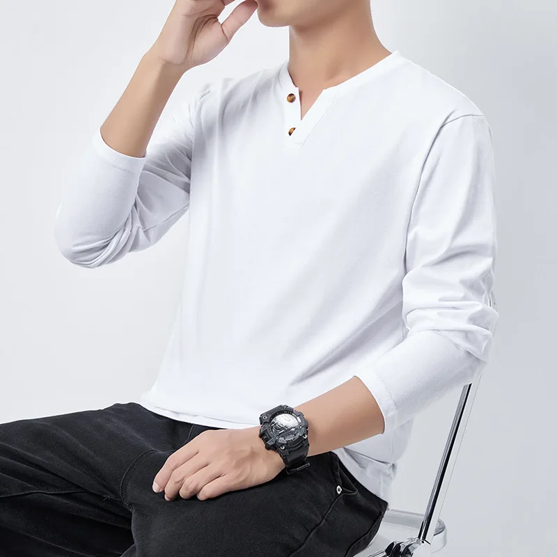 

Autumn Pure cotton Men T-shirt Loose Casual Breathable Button V-neck Long Sleeves Daily Basic Solid Lightweight Streetwear Tees