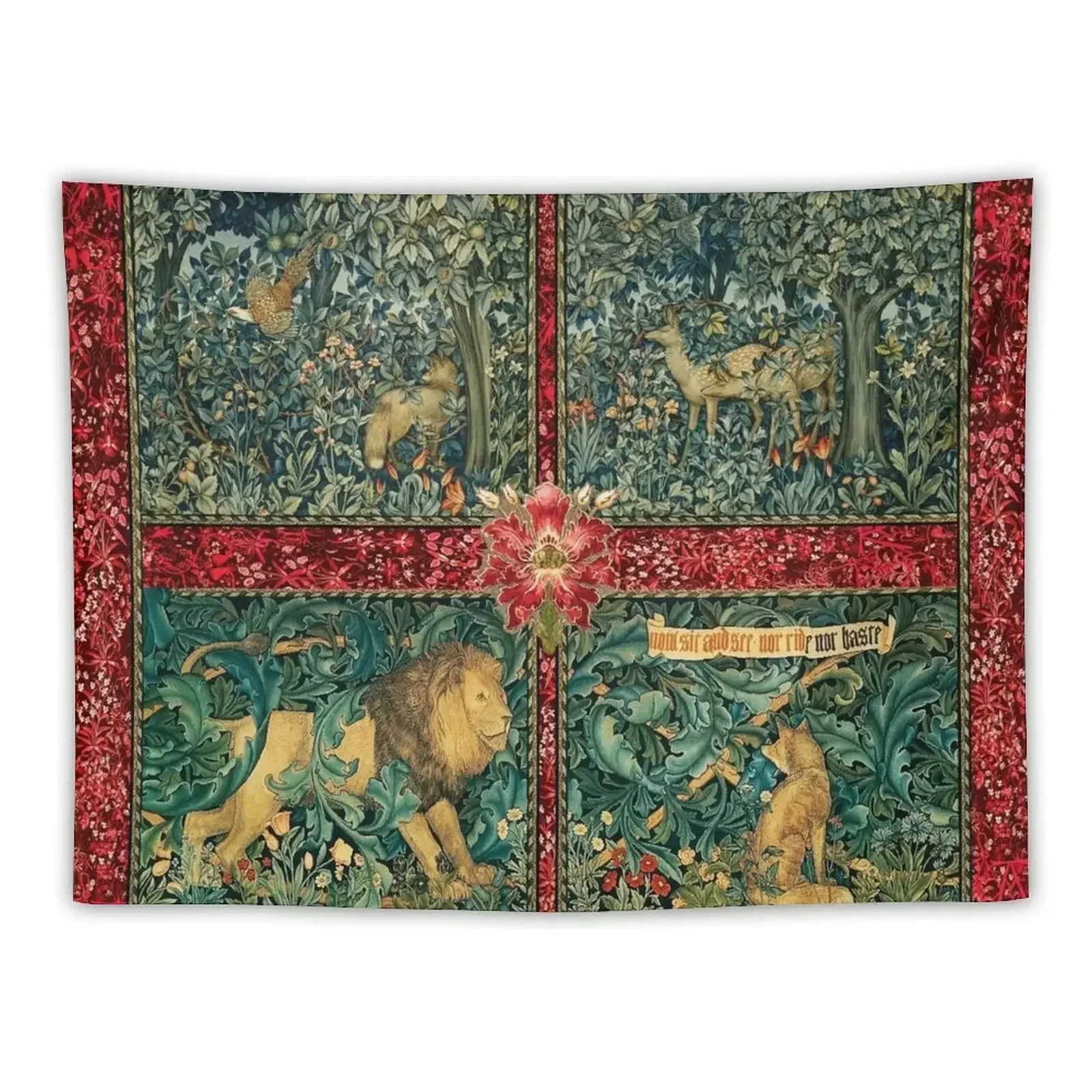 

GREENERY FOREST ANIMALS ,LION ,FOX,PHEASANT AND DOES Red Green Floral Tapestry Room Decor Korean Style Wall Decorations Tapestry