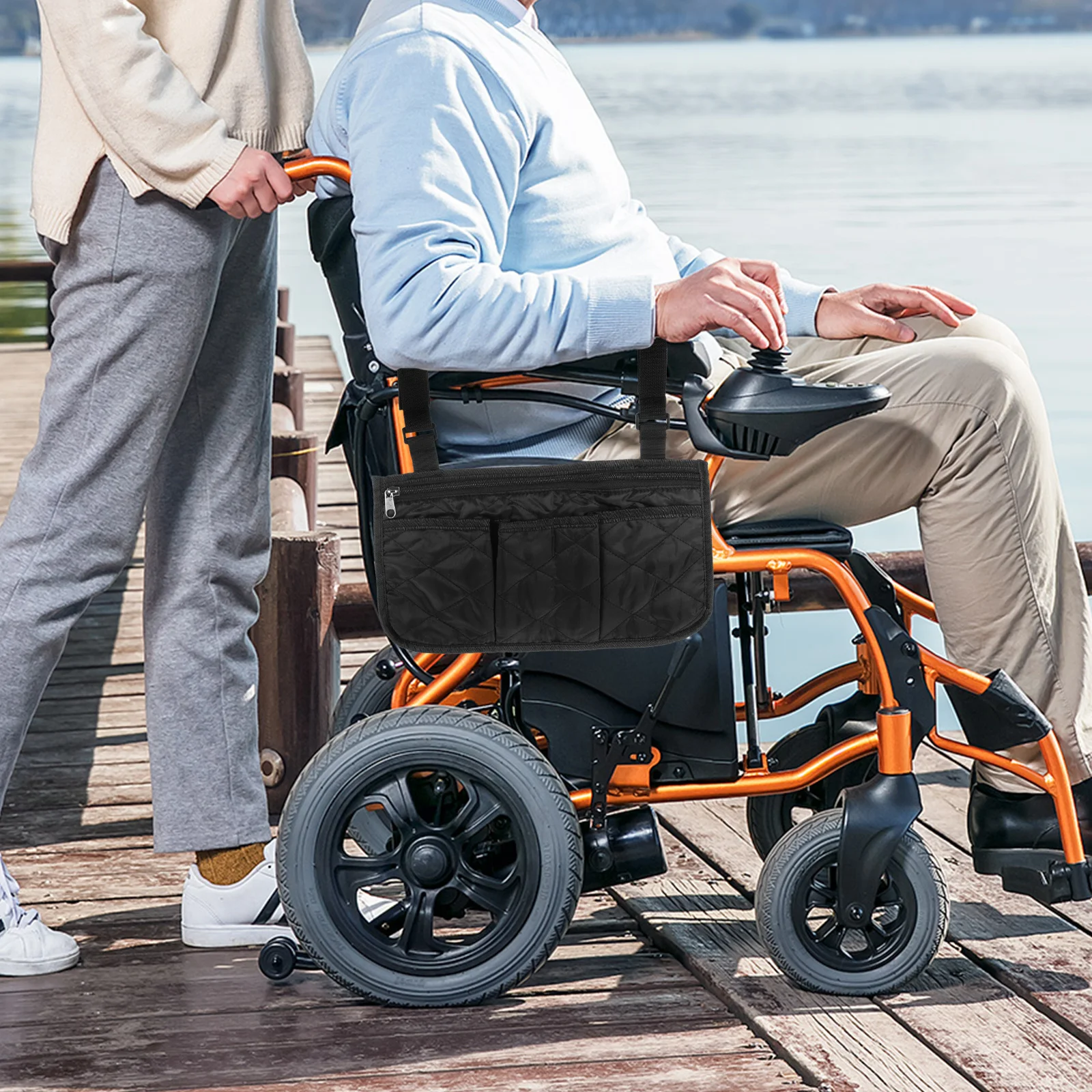 

2Pcs Anti-Wear Wheelchair Pouch Strong Fabric Mounting Straps for Electric Wheelchair Roller Scooter Stroller Armrest Sundries