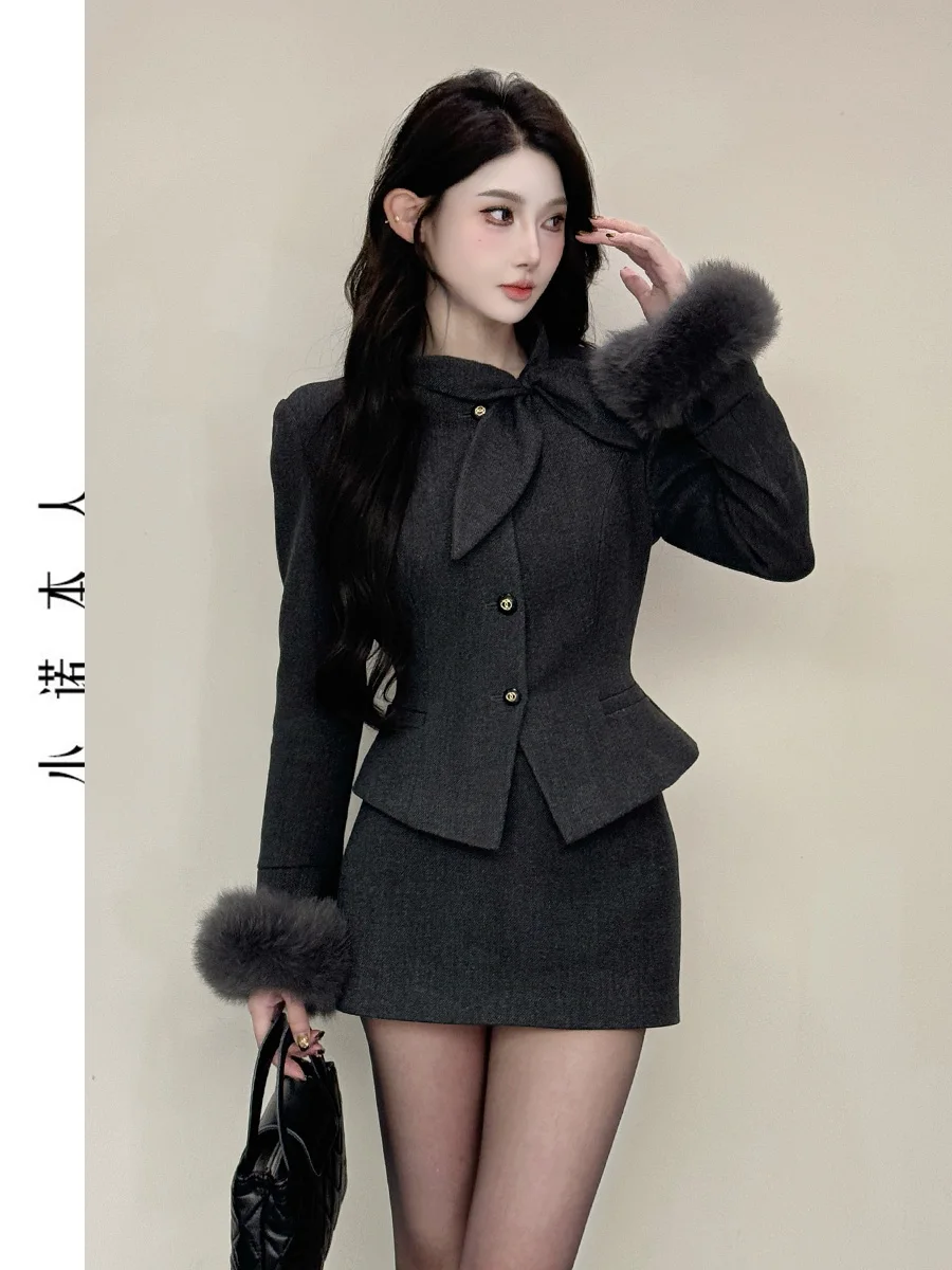 

Комплект из шерстяной хлопковой смеси из двух предметов: юбка-карандаш с высокой талией и эффектом похудения от Xiao Nu Elegant Winter Fashion